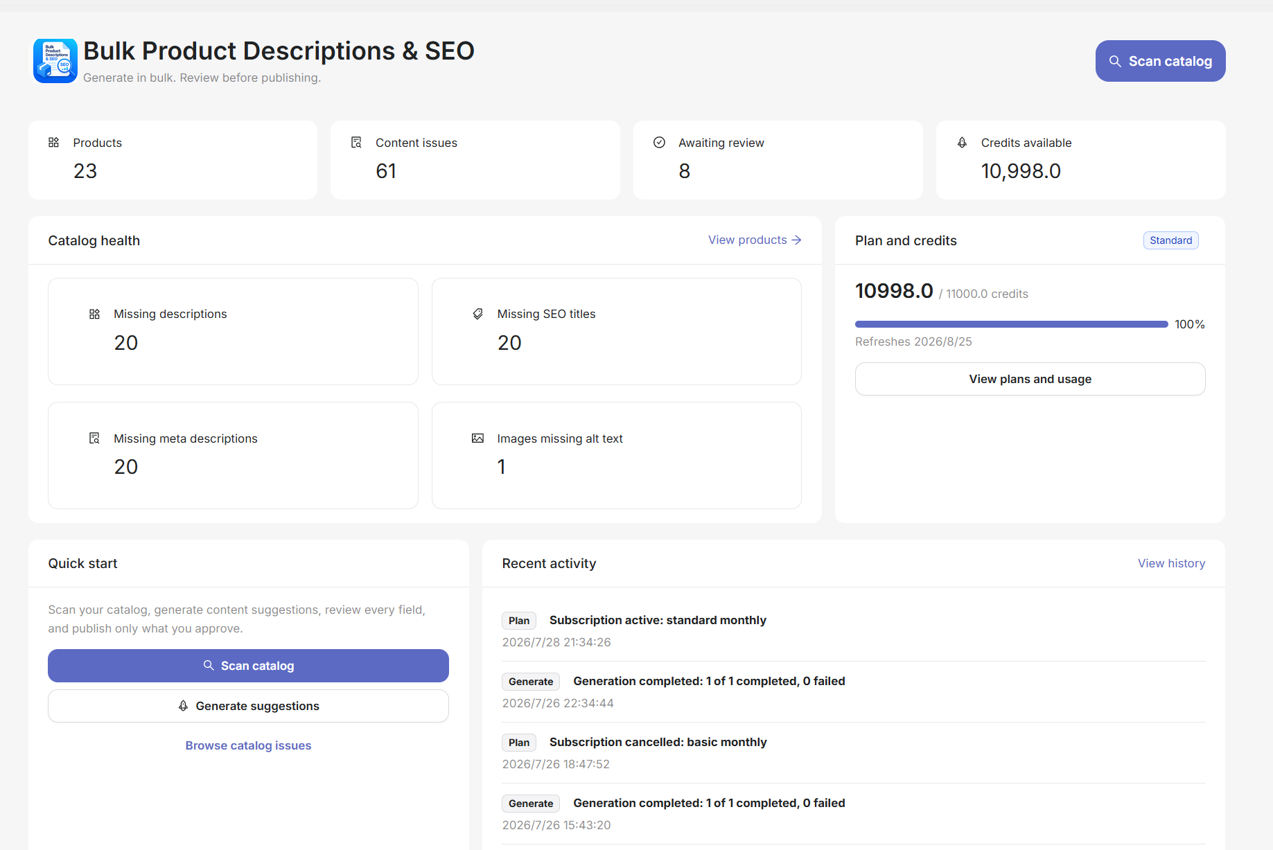 Bulk Product Descriptions and SEO dashboard showing catalog health and recent activity
