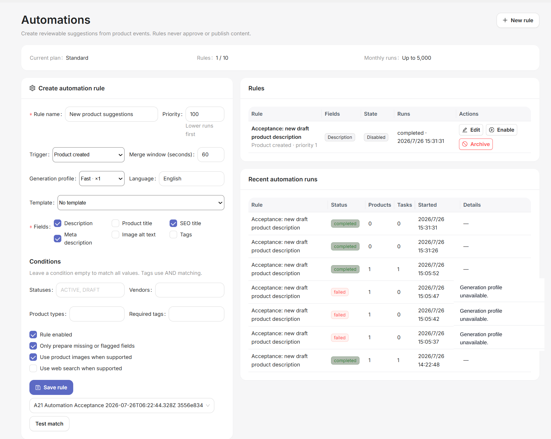 Automation rules for reviewable Shopify product content suggestions